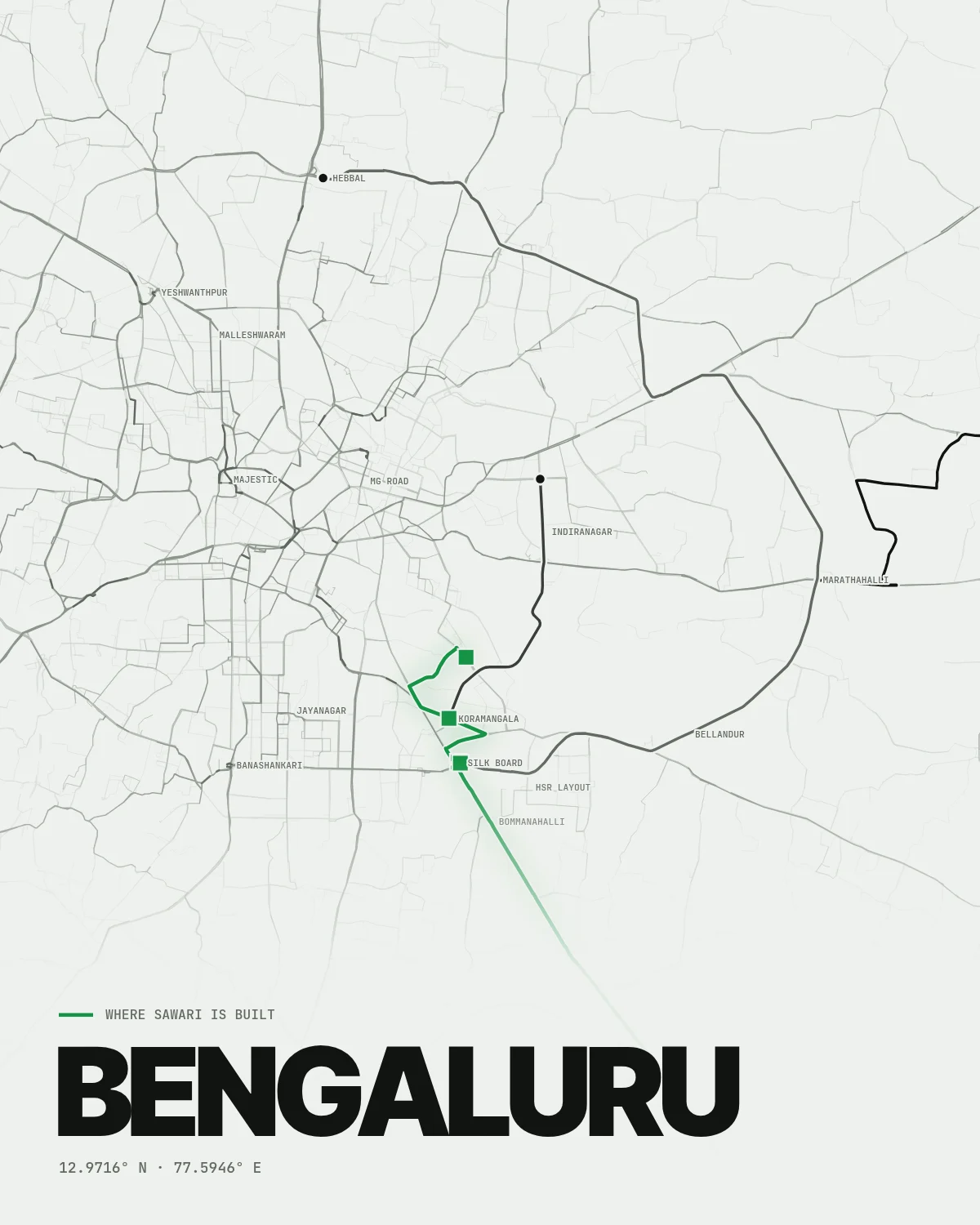 Poster-style map of Bengaluru’s road network with the word Bengaluru and its coordinates